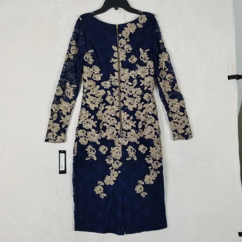 XSCAPE Sheath Dress Women 8P Navy Gold Floral Lace Embroidered Long Sleeve 163XP